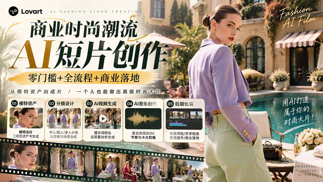 从一张模特图到高级时尚广告大片：AI三视图资产、场景合成、电影分镜、动态生成与复古音乐剪辑实战课-卿云社
