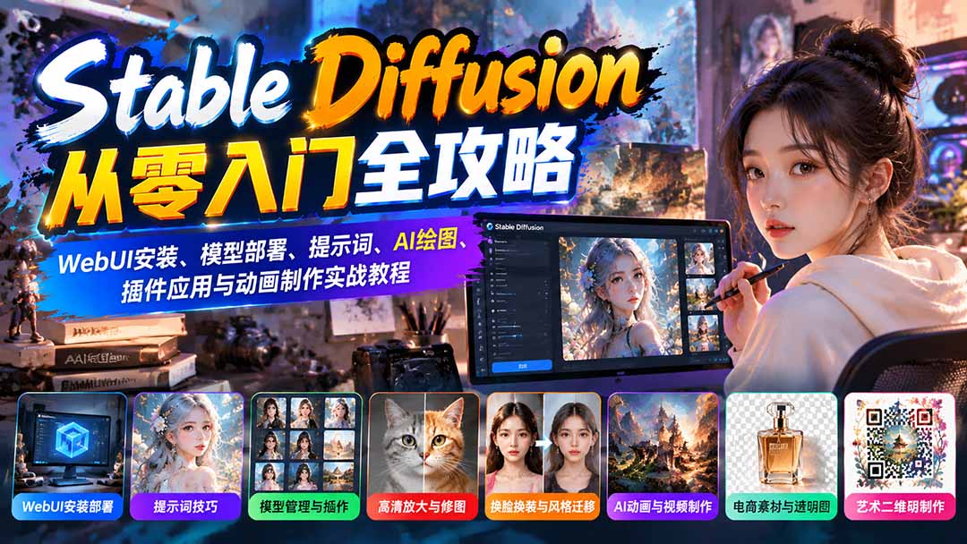 Stable Diffusion从零入门全攻略：WebUI安装、模型部署、提示词、AI绘图、插件应用与动画制作实战教程-卿云社