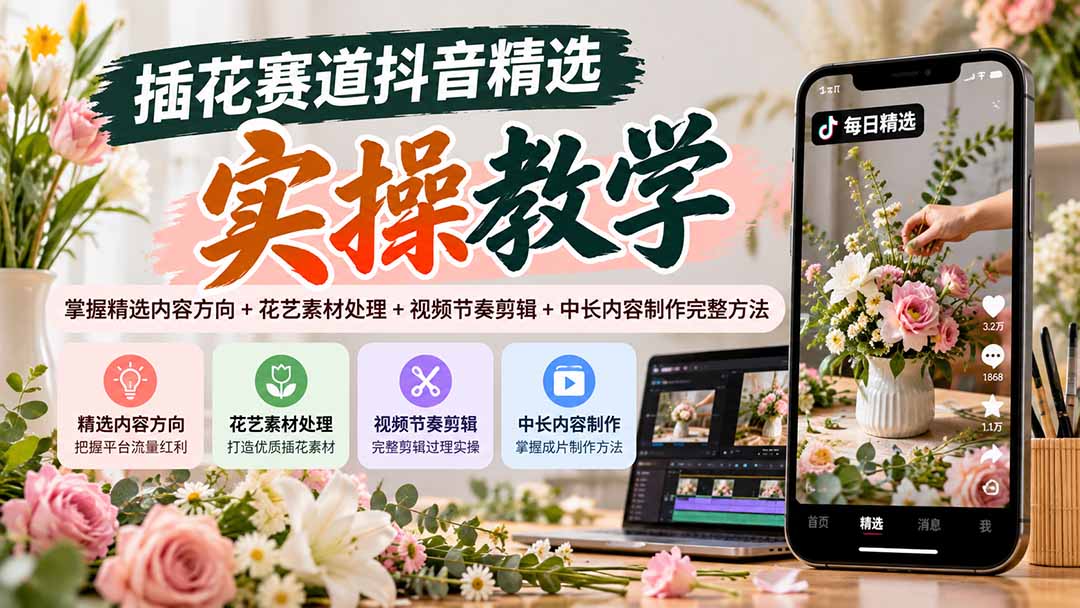 插花赛道抖音精选实操教学：掌握精选内容方向+花艺素材处理+视频节奏剪辑+中长内容制作完整方法-卿云社