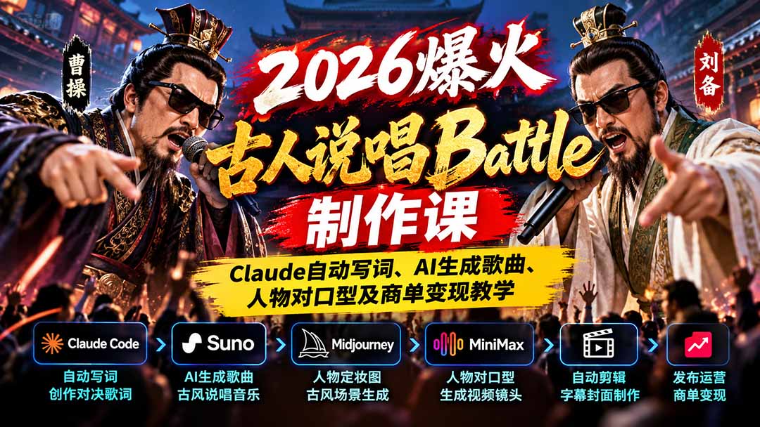 2026爆火古人说唱Battle制作课:Claude自动写词、AI生成歌曲、人物对口型及商单变现教学-卿云社