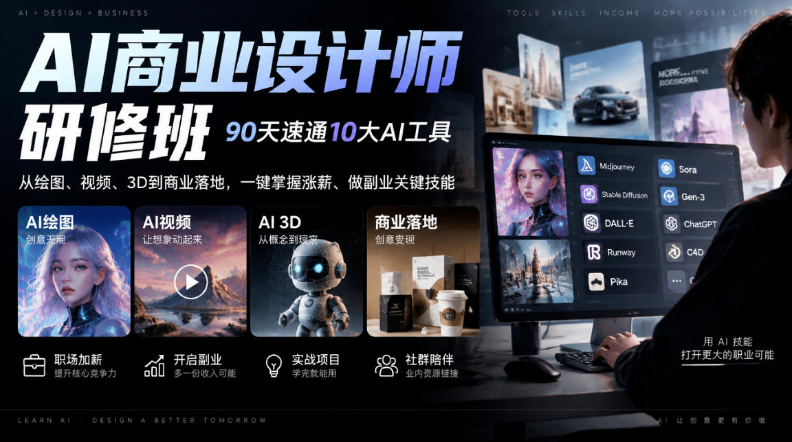 AI商业设计师研修班,90天速通10大AI工具,从绘图、视频、3D到商业落地,一键掌握涨薪、做副业关键技能-卿云社