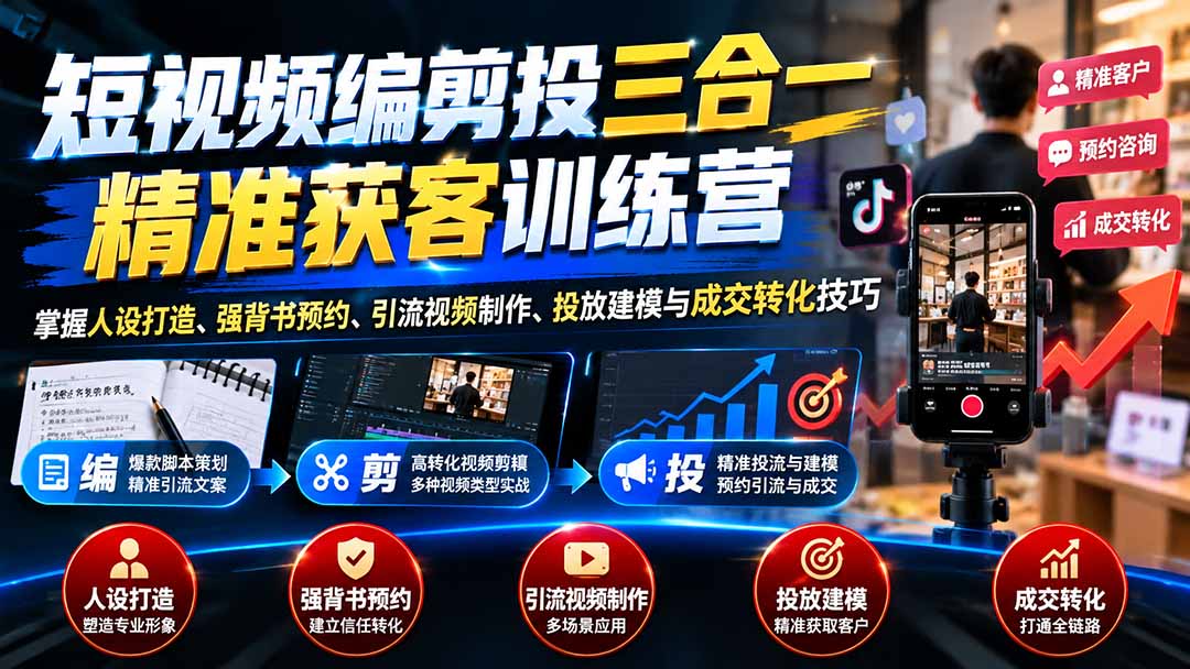 短视频编剪投三合一精准获客训练营：掌握人设打造、强背书预约、引流视频制作、投放建模与成交转化技巧-卿云社