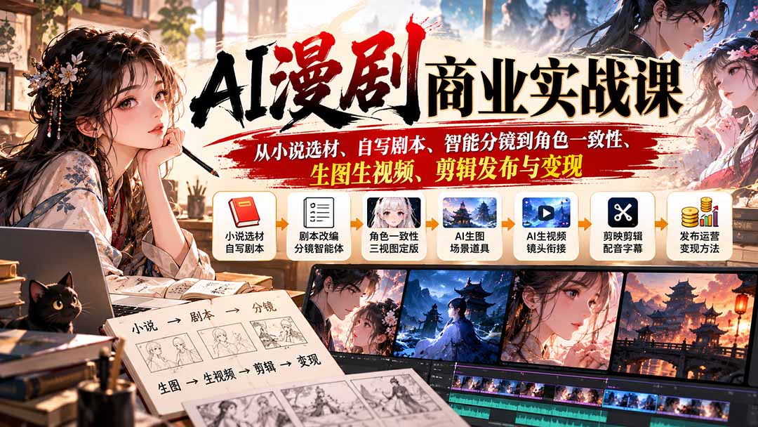 AI漫剧商业实战课：从小说选材、自写剧本、智能分镜到角色一致性、生图生视频、剪辑发布与变现-卿云社