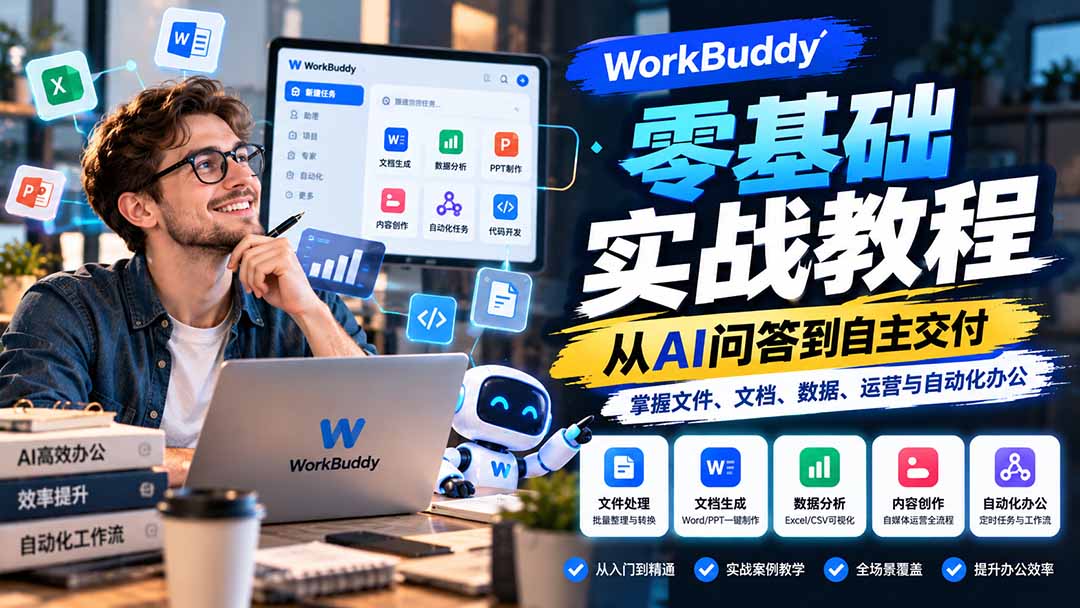 WorkBuddy零基础实战教程:从AI问答到自主交付,掌握文件、文档、数据、运营与自动化办公-卿云社