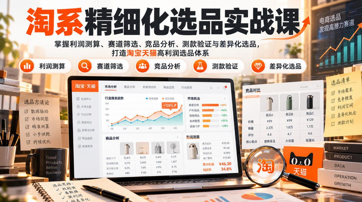 货架电商精细化选品实战课:掌握利润测算、赛道筛选、竞品分析、测款验证与差异化选品,打造淘宝天猫高利润选品体系-卿云社