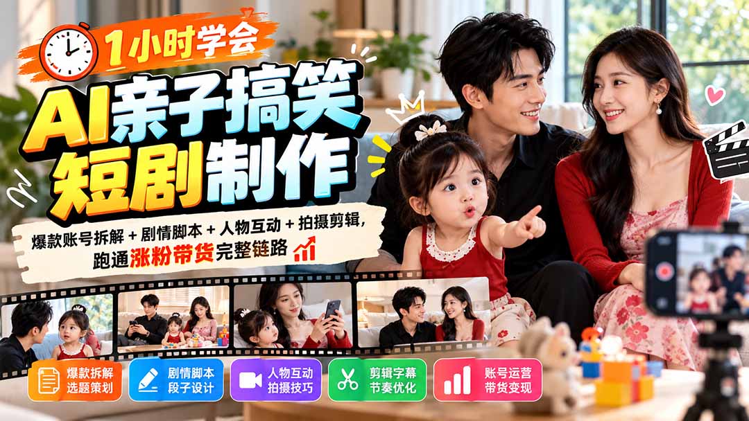 1小时学会AI亲子搞笑短剧制作：爆款账号拆解+剧情脚本+人物互动+拍摄剪辑，跑通涨粉带货完整链路-卿云社