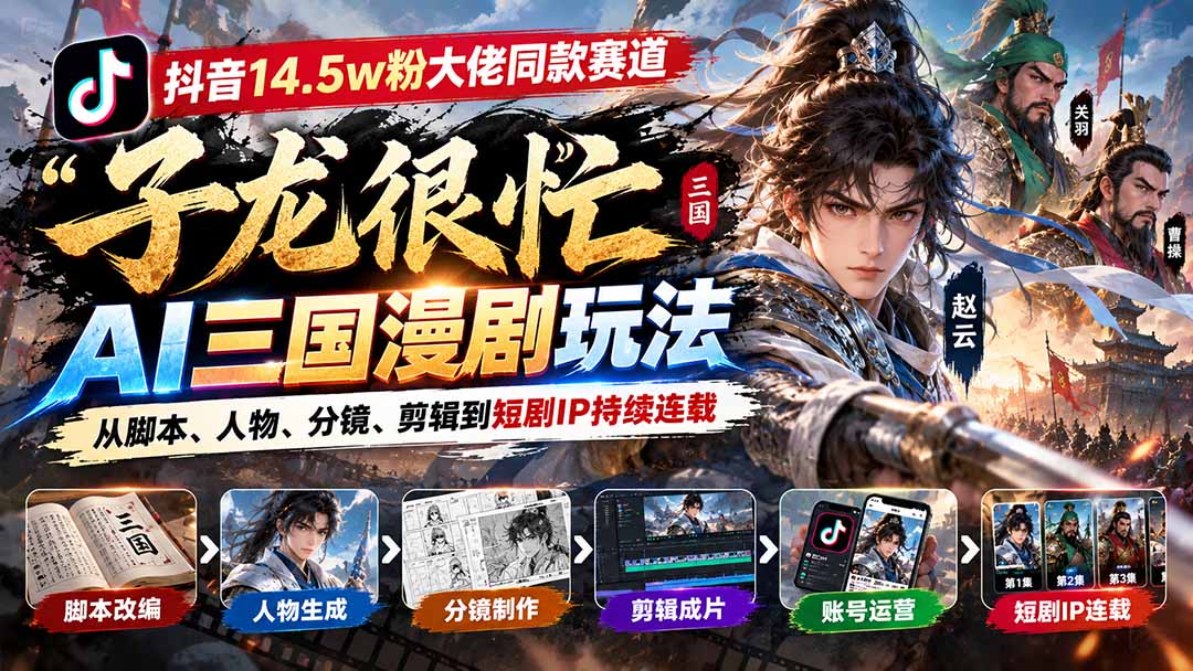 抖音14.5w粉大佬同款赛道「子龙很忙」AI三国漫剧玩法：从脚本、人物、分镜、剪辑到短剧IP持续连载-卿云社