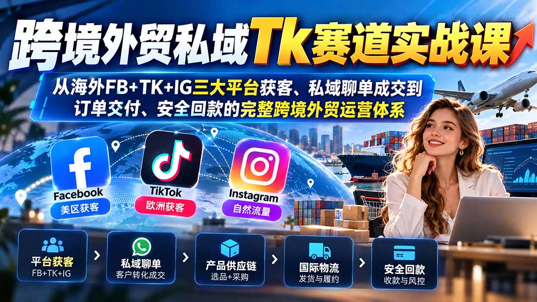 跨境外贸私域Tk赛道实战课：从海外FB+TK+IG三大平台获客、私域聊单成交到订单交付、安全回款的完整跨境外贸运营体系-卿云社
