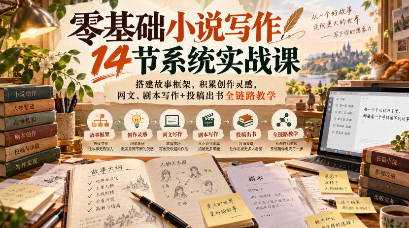 零基础小说写作14节系统实战课，搭建故事框架，积累创作灵感，网文、剧本写作+投稿出书全链路教学-卿云社