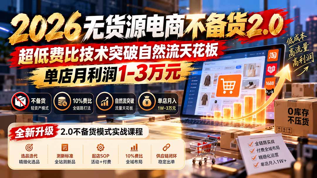2026无货源电商不备货2.0【更新1010】：超低费比技术突破自然流天花板，单店月利润1-3万元-卿云社