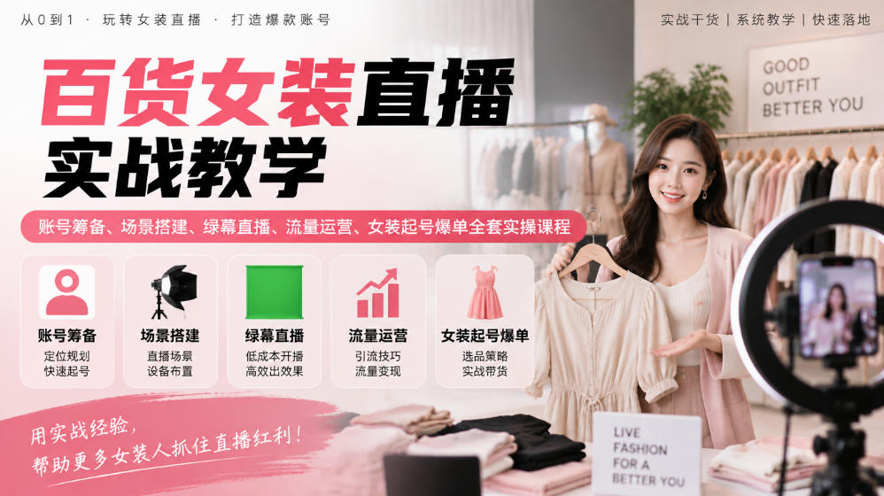 百货女装直播实战教学｜账号筹备、场景搭建、绿幕直播、流量运营、女装起号爆单全套实操课程-卿云社