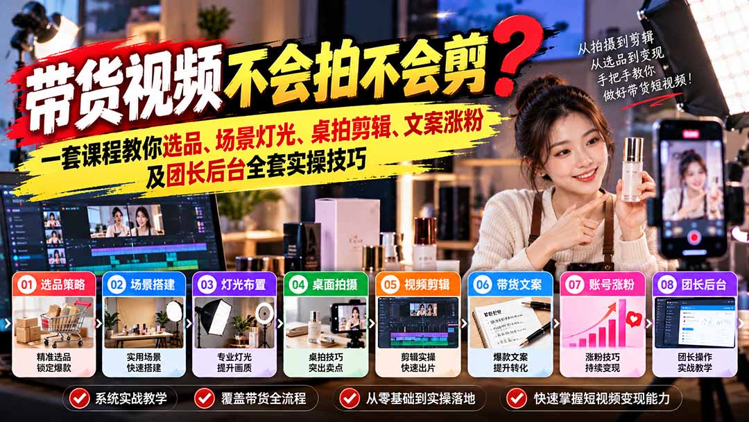 带货视频不会拍不会剪?一套课程教你选品、场景灯光、桌拍剪辑、文案涨粉及团长后台全套实操技巧 复制标题-卿云社