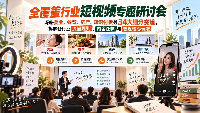 短视频专题研讨会，深耕美业、餐饮、房产、知识付费等34大细分赛道，拆解各行业流量规则、内容逻辑与变现核心玩法(更新1011)-卿云社