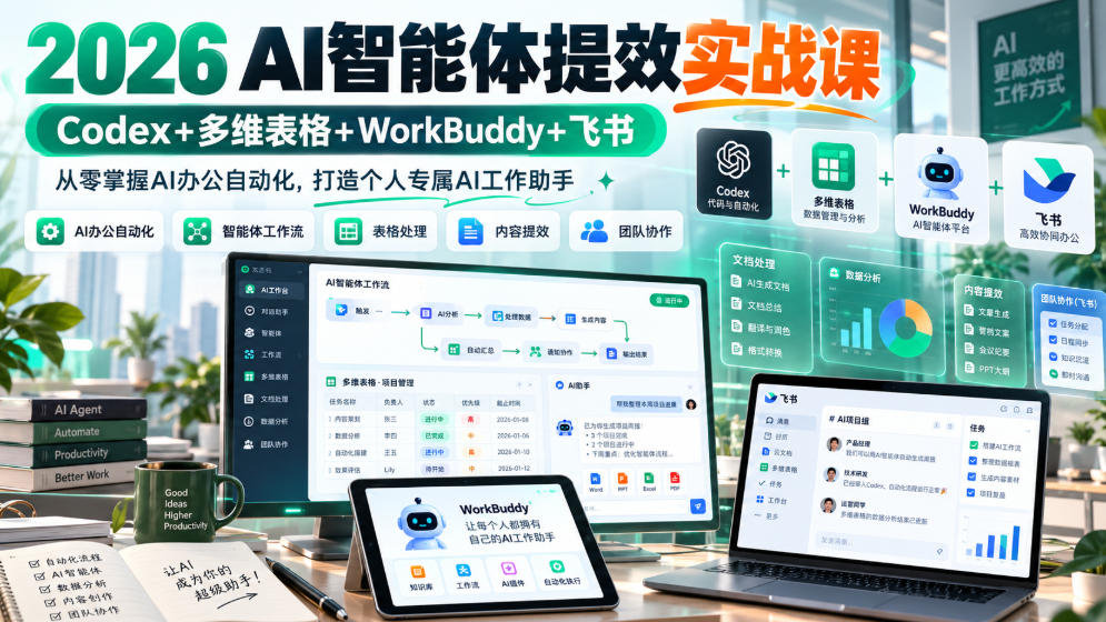 2026 AI智能体提效实战课：Codex+多维表格+WorkBuddy+飞书，从零掌握AI办公自动化，打造个人专属AI工作助手-卿云社