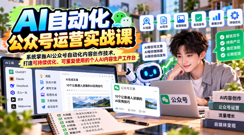 AI自动化公众号运营实战课，系统掌握AI公众号自动化内容创作技术，打造可持续优化、可重复使用的个人AI内容生产工作台-卿云社