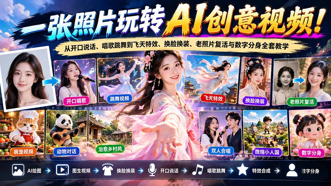 一张照片玩转AI创意视频！从开口说话、唱歌跳舞到飞天特效、换脸换装、老照片复活与数字分身全套教学-卿云社