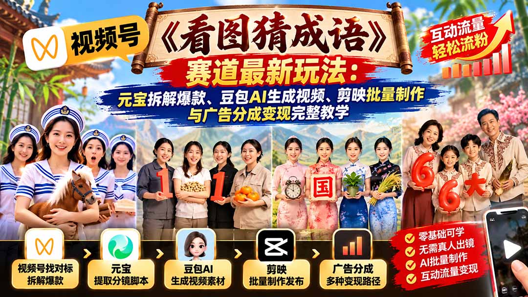 视频号《看图猜成语》赛道最新玩法:元宝拆解爆款、豆包AI生成视频、剪映批量制作与广告分成变现完整教学-卿云社
