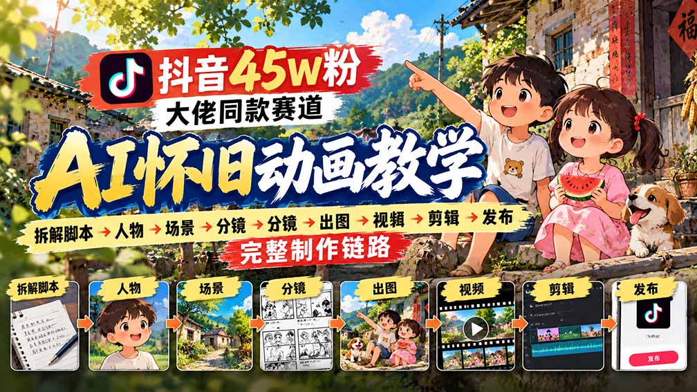 抖音45W粉大佬同款赛道AI怀旧动画教学:拆解脚本→人物→场景→分镜→出图→视频→剪辑→发布完整制作链路-卿云社