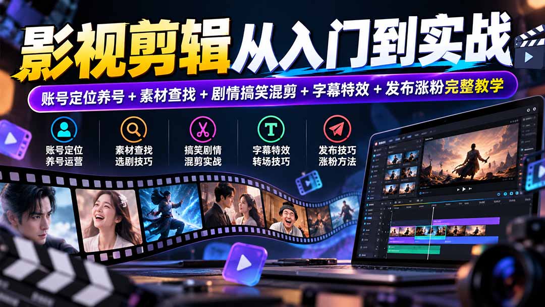 影视剪辑从入门到实战：账号定位养号+素材查找+剧情搞笑混剪+字幕特效+发布涨粉完整教学-卿云社