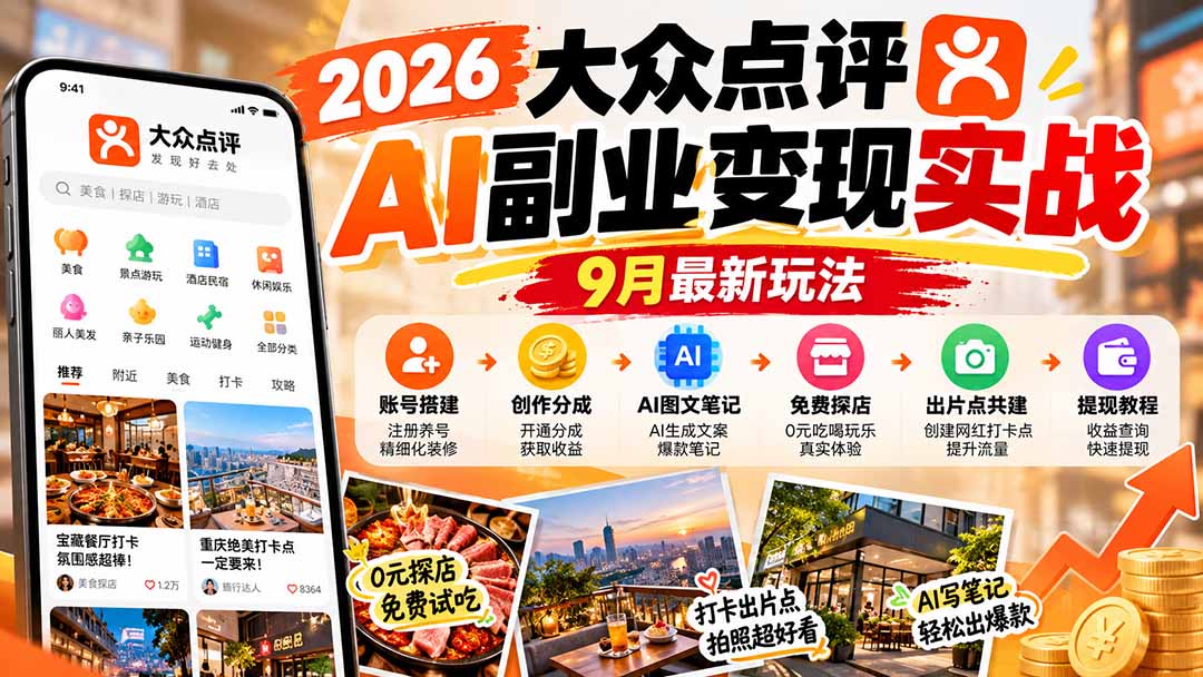 2026大众点评AI副业变现实战9月最新玩法：账号搭建+创作分成+AI图文笔记+免费探店+出片点共建与提现教程-卿云社