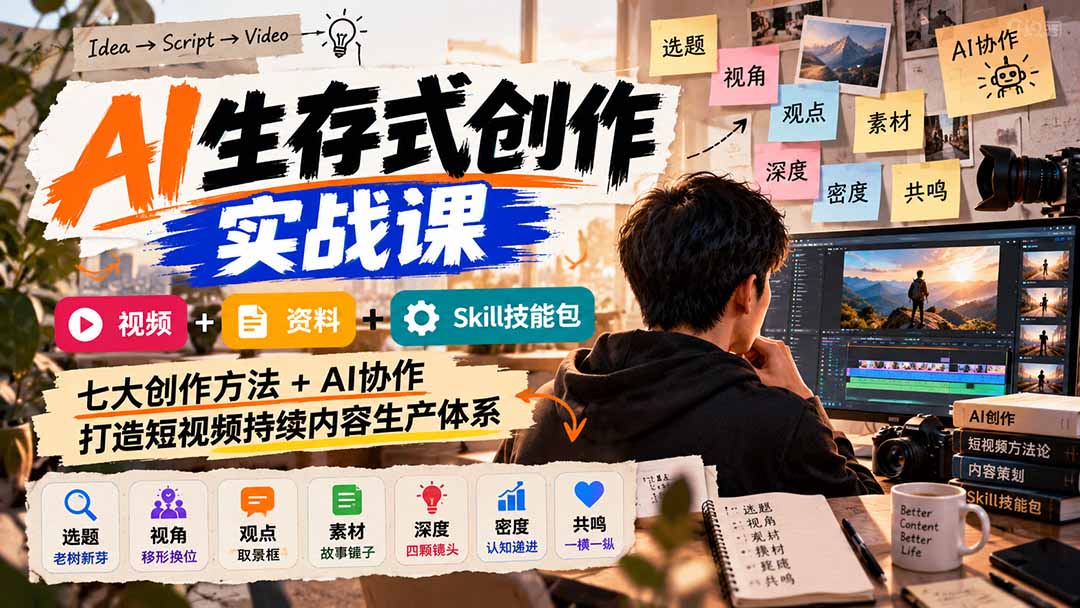 AI生存式创作实战课:视频+资料+Skill技能包,七大创作方法+AI协作,打造短视频持续内容生产体系-卿云社