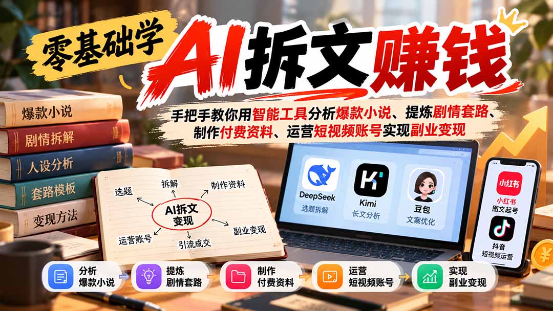 零基础学AI拆文赚钱：手把手教你用智能工具分析爆款小说、提炼剧情套路、制作付费资料、运营短视频账号实现副业变现-卿云社