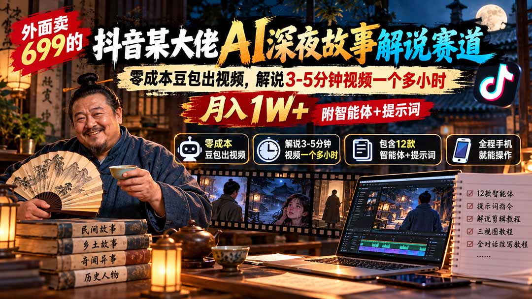外面卖699抖音某大佬AI深夜故事解说赛道-更新：0成本豆包出视频+解说3-5分钟视频一个多小时，月入1W+附智能体+提示词-卿云社