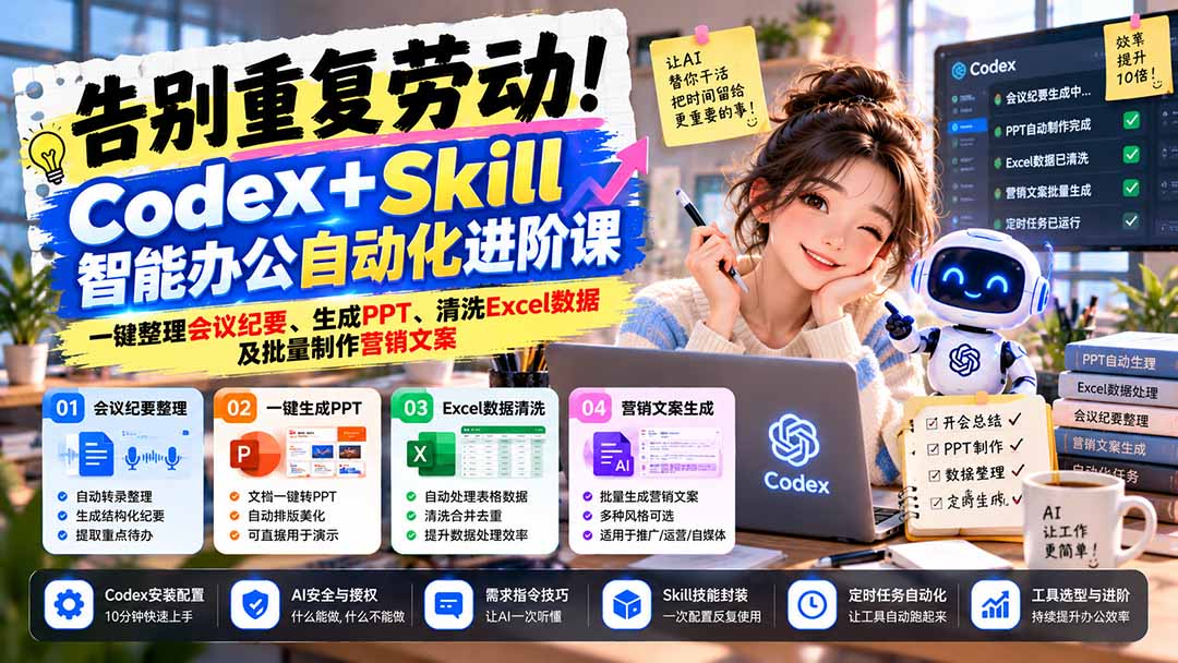 告别重复劳动！Codex+Skill智能办公自动化进阶课：一键整理会议纪要、生成PPT、清洗Excel数据及批量制作营销文案-卿云社