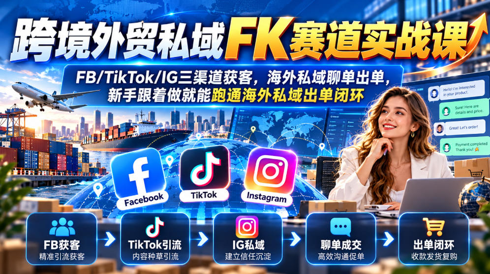 跨境外贸私域FK赛道实战课|FB/TikTok/IG三渠道获客,海外私域聊单出单,新手跟着做就能跑通海外私域出单闭环-卿云社
