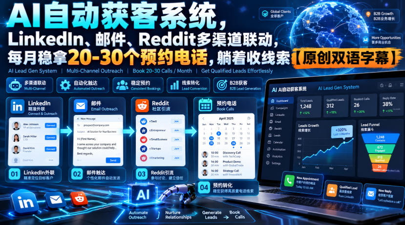【无水印】AI自动获客系统，LinkedIn、邮件、Reddit多渠道联动，每月稳拿20-30个预约电话，躺着收线索【原创双语字幕】-卿云社