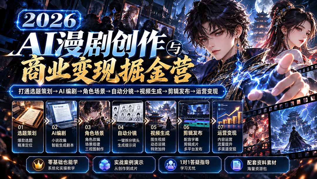 【无水印】2026AI漫剧创作与商业变现掘金营:打通选题→AI编剧→角色场景→自动分镜→视频生成→剪辑发布→运营变现-卿云社