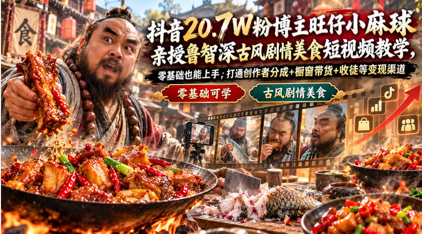 抖音20.7W粉博主旺仔小麻球亲授鲁智深古风剧情美食短视频教学,零基础也能上手,打通创作者分成+橱窗带货+收徒等变现渠道-卿云社