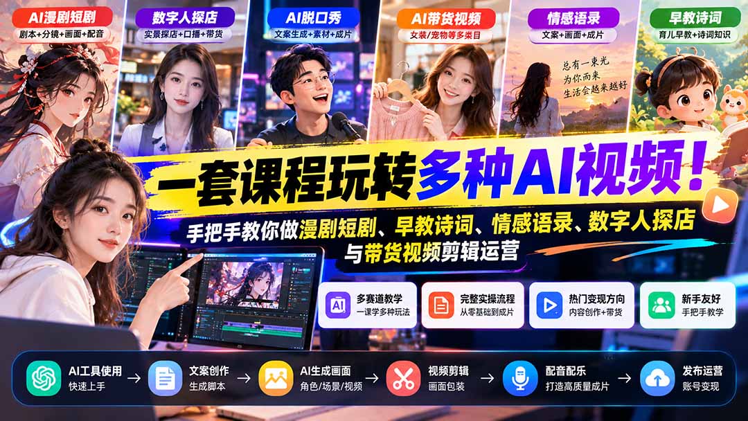 【无水印】一套课程玩转多种AI视频！手把手教你做漫剧短剧、早教诗词、情感语录、数字人探店与带货视频剪辑运营-卿云社