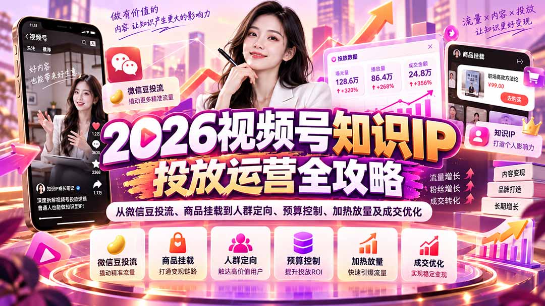 2026视频号知识IP投放运营全攻略：从微信豆投流、商品挂载到人群定向、预算控制、加热放量及成交优化-卿云社