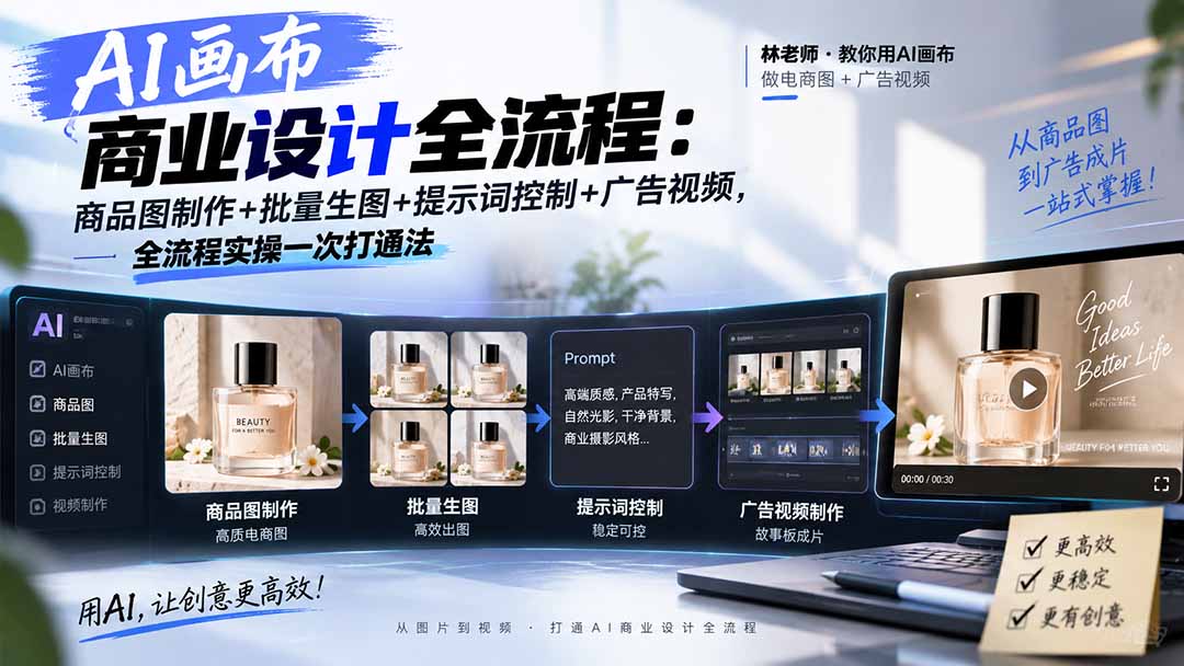 AI画布商业设计全流程-更新1026：商品图制作+批量生图+提示词控制+广告视频，全流程实操一次打通法-卿云社