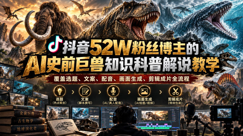 抖音52W粉丝博主的AI史前巨兽知识科普解说教学,覆盖选题、文案、配音、画面生成、剪辑成片全流程-卿云社