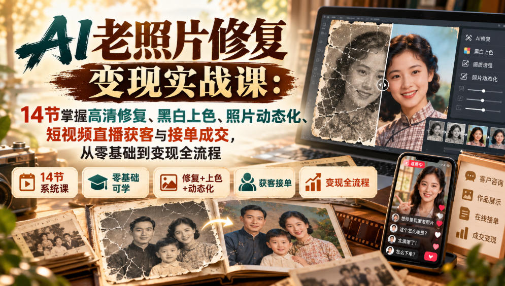 AI老照片修复变现实战课:14节掌握高清修复、黑白上色、照片动态化、短视频直播获客与接单成交,从零基础到变现全流程-卿云社