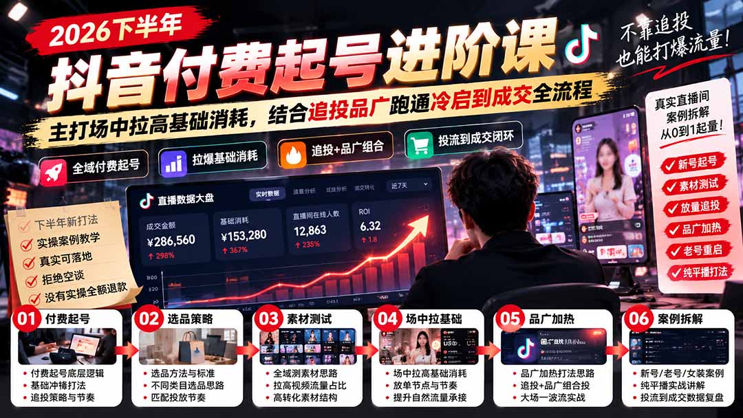 2026下半年抖音付费起号进阶课-更新1019:主打场中拉高基础消耗,结合追投品广跑通冷启到成交全流程-卿云社