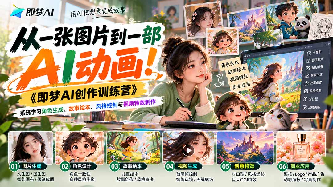 【无水印】从一张图片到一部AI动画！《即梦AI创作训练营》系统学习角色生成、故事绘本、风格控制与视频特效制作-卿云社