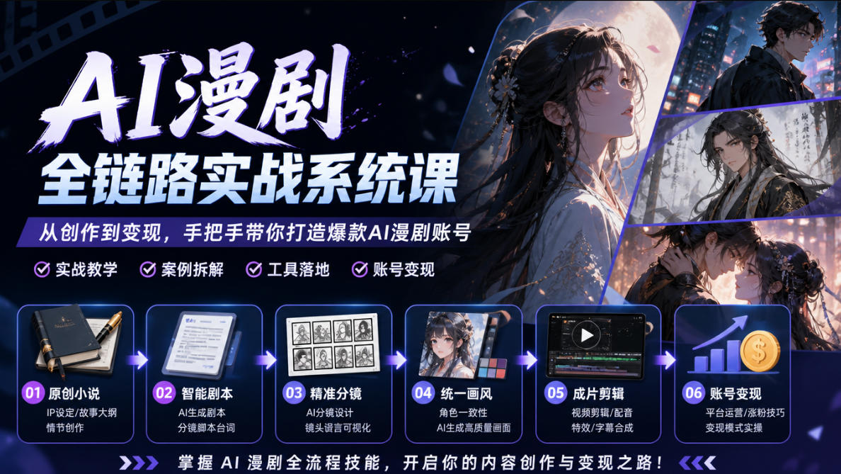 AI漫剧全链路实战系统课｜原创小说、智能剧本、精准分镜、统一画风、成片剪辑、账号变现实操教学(更新1018)-卿云社