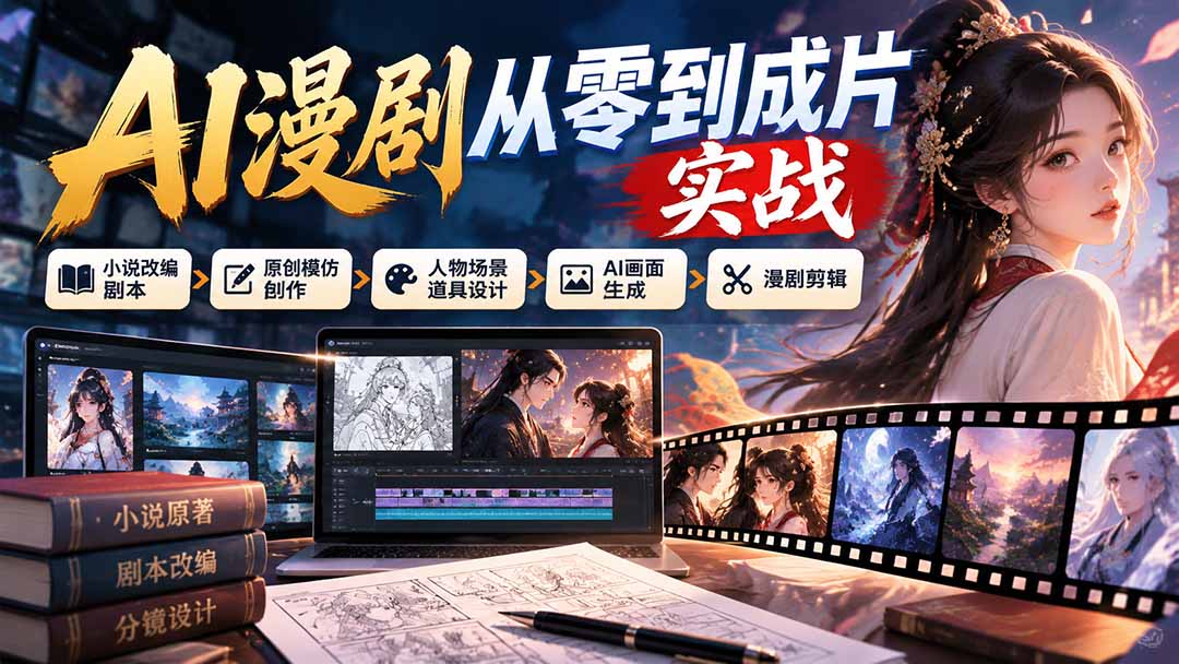 AI漫剧从零到成片实战:小说改编剧本、原创模仿创作、人物场景道具设计、AI画面生成与漫剧剪辑-卿云社