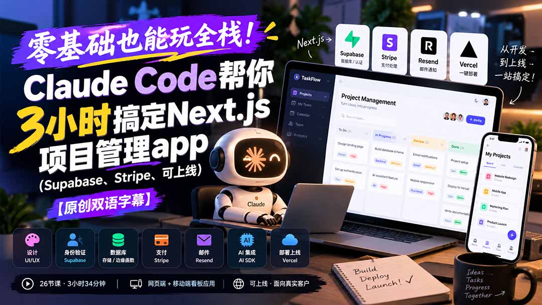 零基础也能玩全栈!Claude Code帮你3小时搞定Next.js项目管理app(Supabase、Stripe、可上线-卿云社
