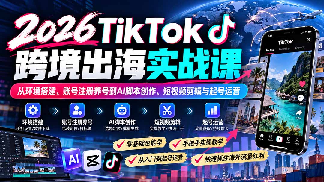 2026TikTok跨境出海实战课:从环境搭建、账号注册养号到AI脚本创作、短视频剪辑与起号运营-卿云社