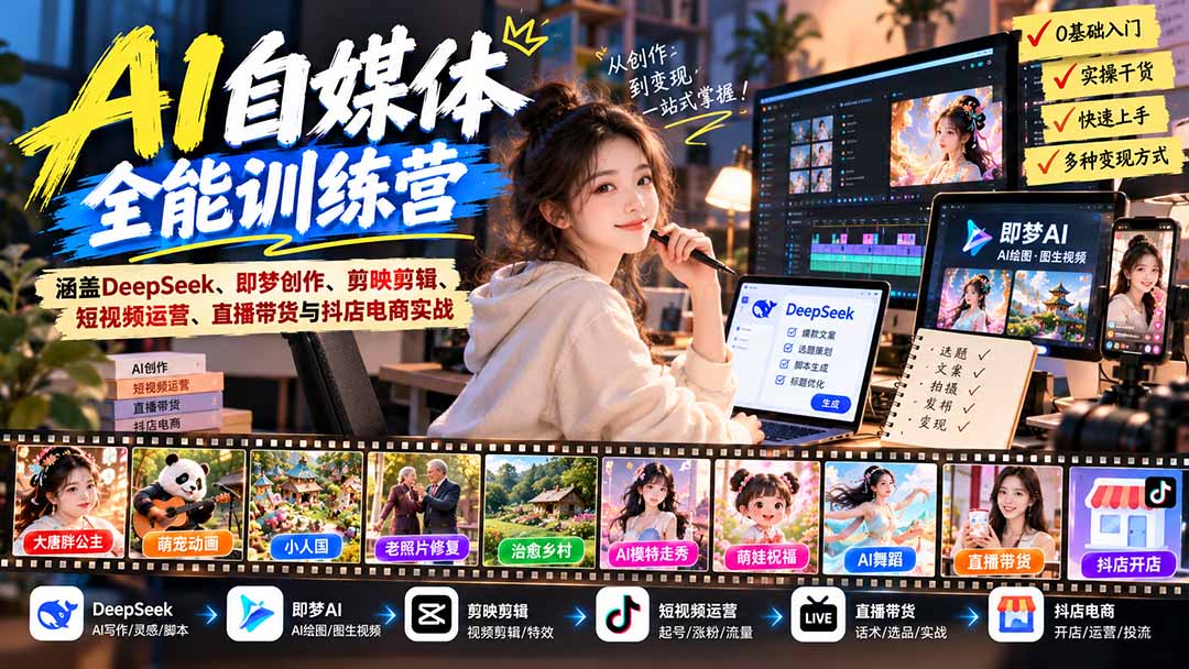 【无水印】AI+自媒体全能训练营：涵盖DeepSeek、即梦创作、剪映剪辑、短视频运营、直播带货与抖店电商实战-卿云社