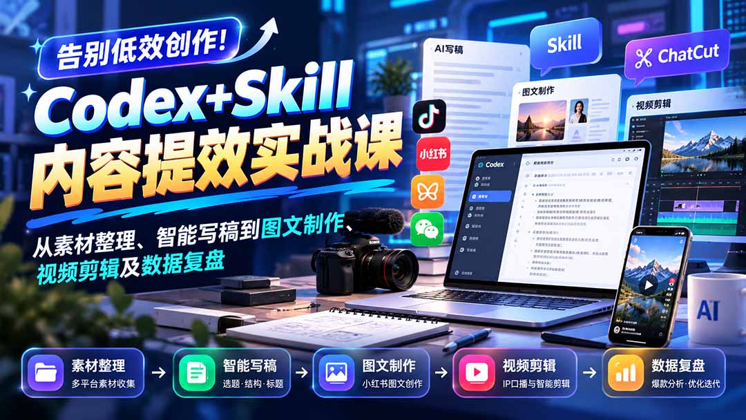 【无水印】告别低效创作!Codex+Skill内容提效实战课:从素材整理、智能写稿到图文制作、视频剪辑及数据复盘-卿云社