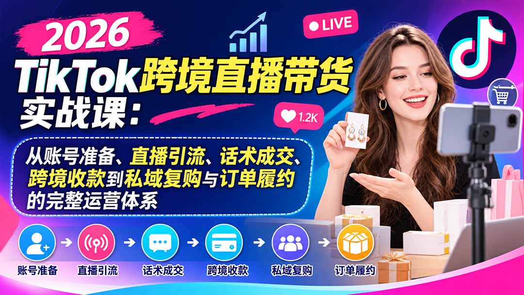 2026TikTok跨境直播带货实战课：从账号准备、直播引流、话术成交、跨境收款到私域复购与订单履约的完整运营体系-卿云社