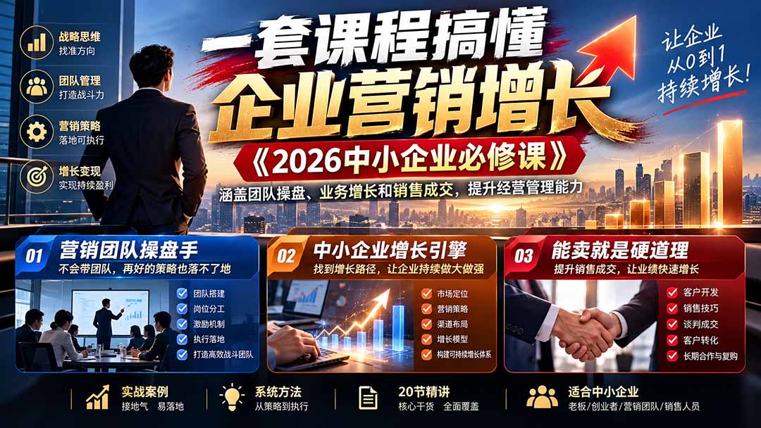一套课程搞懂企业营销增长《2026中小企业必修课》涵盖团队操盘、业务增长和销售成交，提升经营管理能力-卿云社