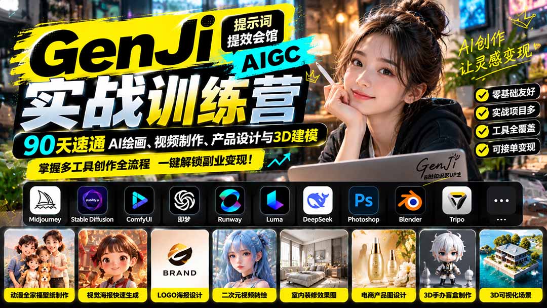 GenJi AIGC实战训练营:90天速通AI绘画、视频制作、产品设计与3D建模,掌握多工具创作全流程-卿云社