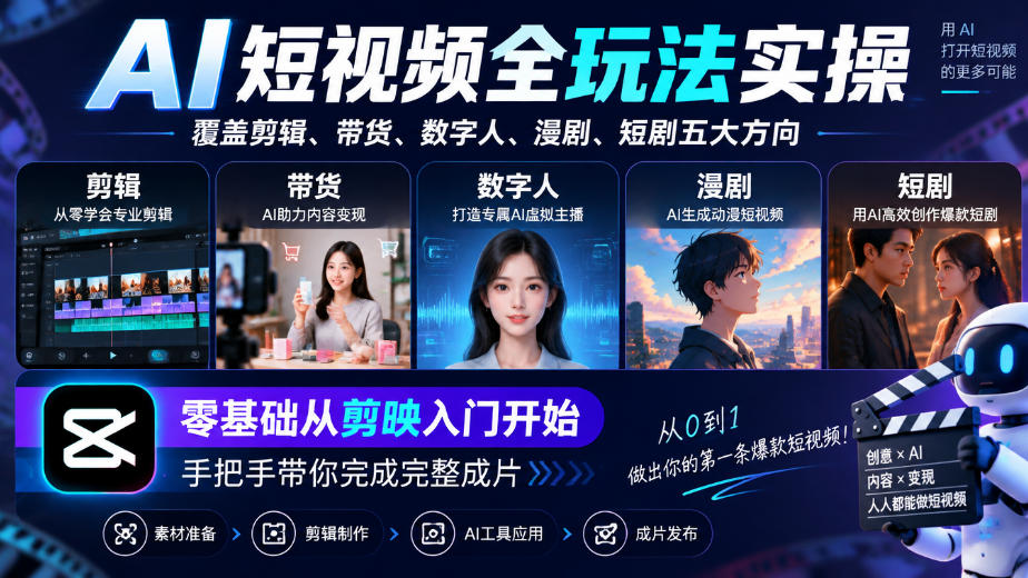 AI短视频全玩法实操，覆盖剪辑、带货、数字人、漫剧、短剧五大方向，零基础从剪映入门开始，手把手带你完成完整成片-卿云社