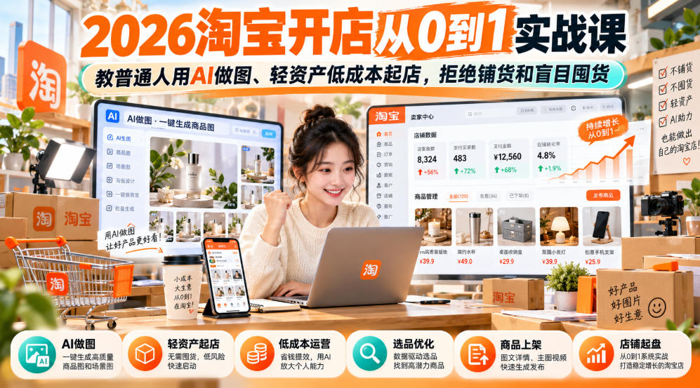 2026淘宝开店从0到1实战课，教普通人用AI做图、轻资产低成本起店，拒绝铺货和盲目囤货-卿云社